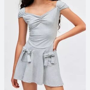 Urban Outfitters Light Gray Off-Shoulder Mini Dress with Bow Pockets